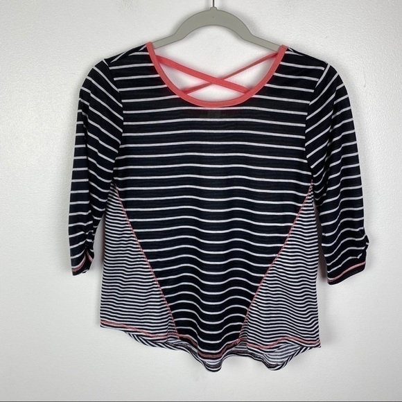 Self Esteem Criss Cross Back T-Shirt Women's Junior XL Black White Striped - Picture 6 of 8